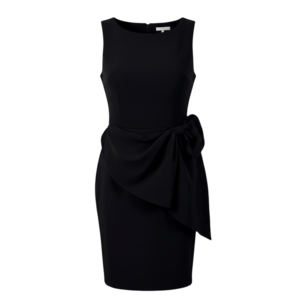 Fehaute black sleeveless sheath dress with side bow, draped overlay, round neckl